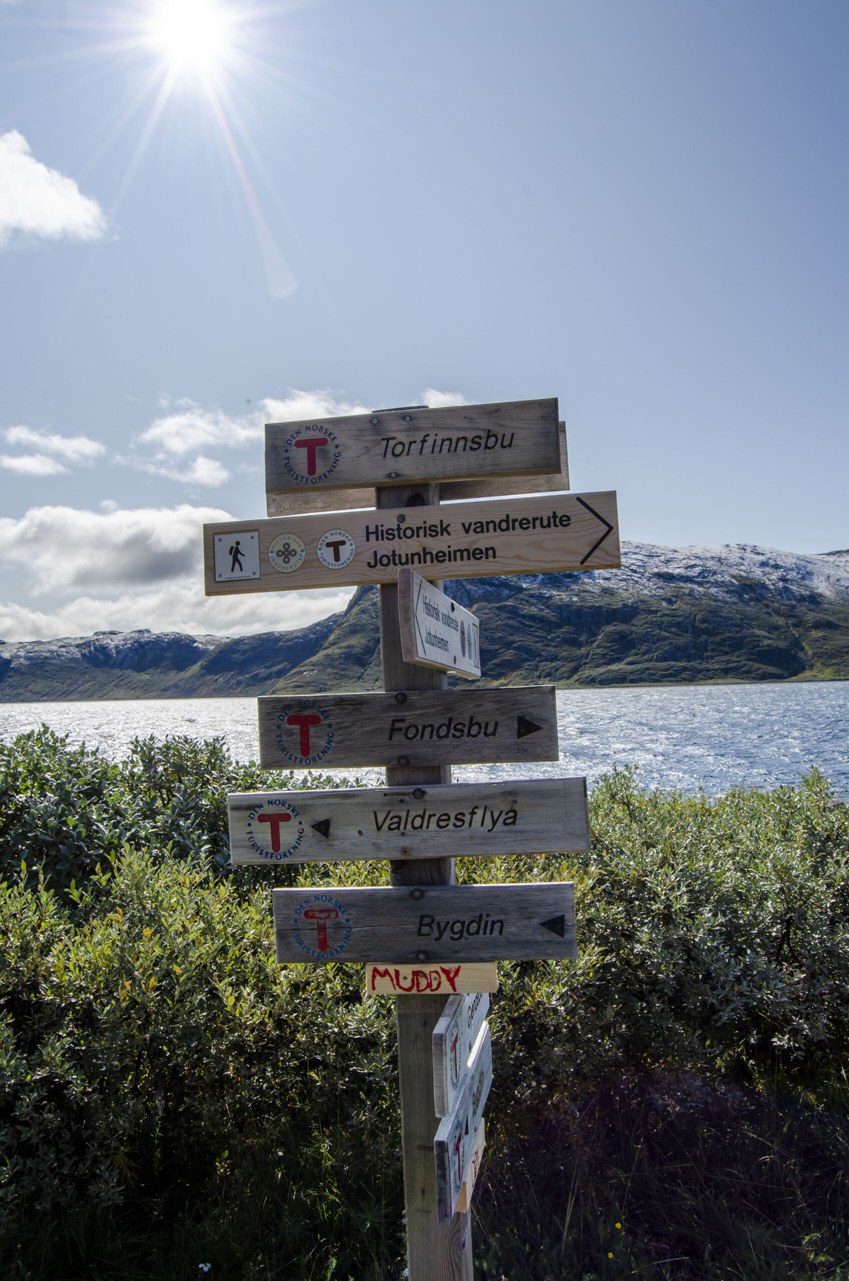 Signpost outside of a Norwegian DNT cabin